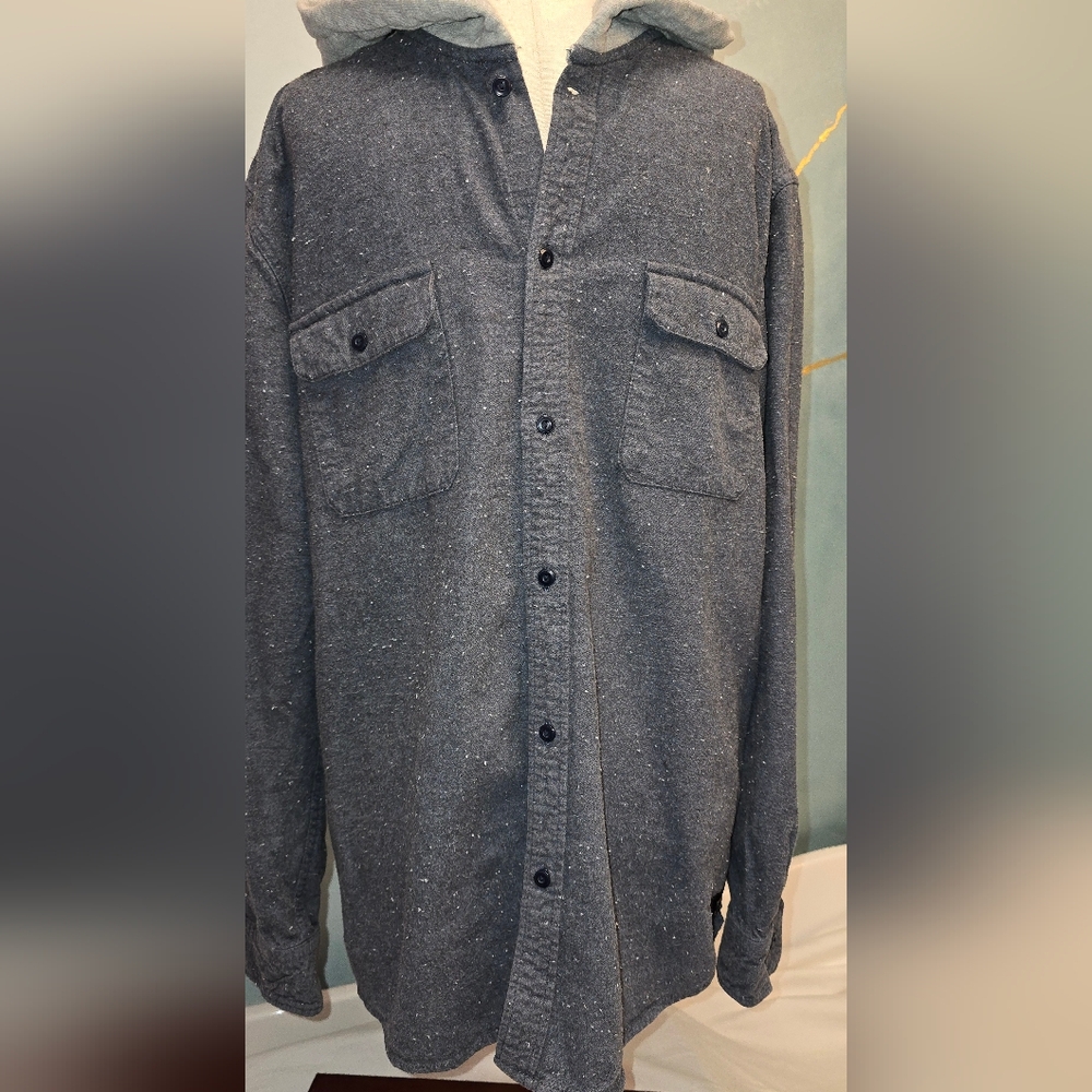 Quiksilver Slate Blue Gray Hooded Button Up Heavy Cotton Flannel Shirt Jacket L